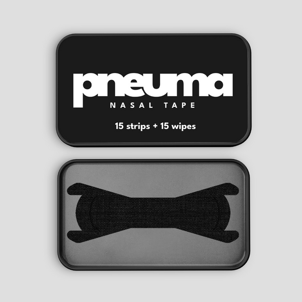 Packaging for Pneuma nasal tape, showing 15 strips and 15 wipes inside a black box